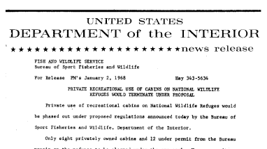 Private Recreational Use of Cabins on National Wildlife Refuges Would Terminate Under Proposal January 2, 1968