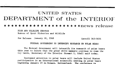 Federal Government to Intensify Research on Polar Bears January 28, 1968