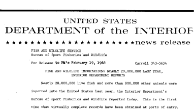Fish and Wildlife Importations Nearly 29,000,ooo Last Year, Interior Department Reports February 19, 1968