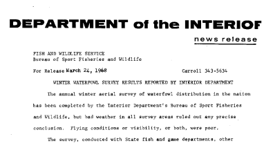Winter Waterfowl Survey Results Reported by Interior Department March 24, 1968