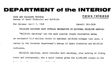 Wildlife Watching Most Popular Recreation on National Wildlife Refuges April 3, 1968