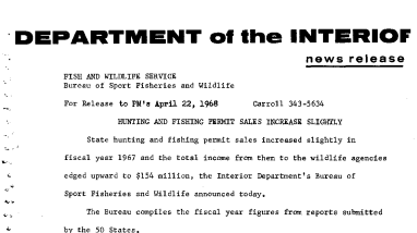 Hunting and Fishing Permit Sales Increase Slightly April 22, 1968