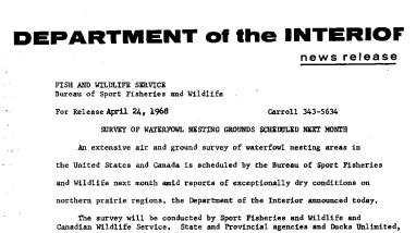 Survey of Waterfowl Nesting Grounds Scheduled Next Month April 24, 1968
