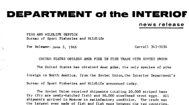 United States Obtains Amur Pike in Fish Trade With Soviet Union June 3, 1968