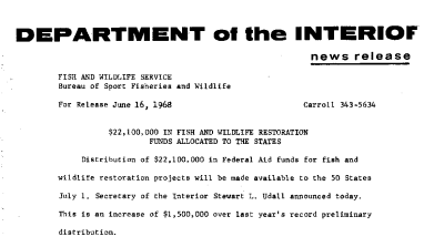 $22,100,000 in Fish and Wildlife Restoration Funds Allocated to the States June 16, 1968