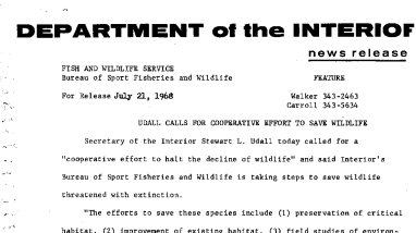 Udall Calls for Cooperative Effort to Save Wildlife July 21, 1968