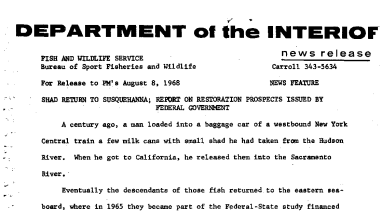 Shad Return to Susquehanna; Repdrt on Restoration Prospects Issued by Federal Government August 8, 1968