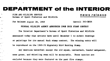 Federal Wildlife Agency Announces 1969 Duck Stamp Contest August 28, 1968