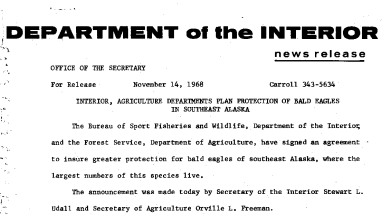Interior, Agriculture Departments Plan Protection of Bald Eagles in Southeast Alaska November 14, 1968