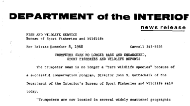Trumpeter Swan No Longer Rare and Endangered, Sport Fisheries and Wildlife Reports December 8, 1968