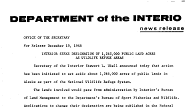 Interior Seeks Designation of 1,265,ooo Public Land Acres as Wildlife Refuge Areas December 19, 1968