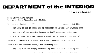 Interior to Submit Model Law on Treatment of Animals at Roadside Zoos January 19, 1969