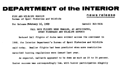 Fall Duck Flights Were Smaller, as Anticipated, Sport Fishereries and Wildlife Reports February 16, 1969