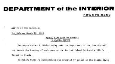 Hickel Bans Musk Ox Hunting in Alaska Refuge March 10, 1969