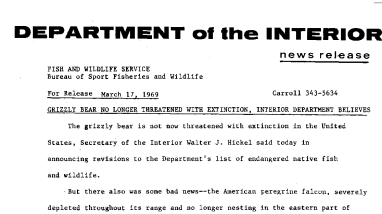 Grizzly Bear No Longer Threatened With Extinction, Interior Department Believes March 17, 1969