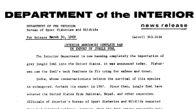 Interior Announces Complete Ban on Import of Jungle Fowl March 20, 1969