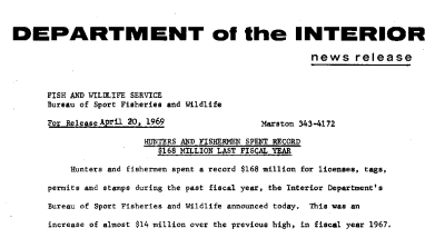 Hunters and Fishermen Spent Record $168 Million Last Fiscal Year April 20, 1968