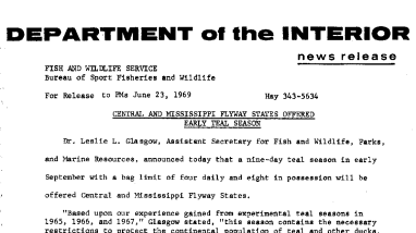 Central and Mississippi Flyway States Offered Early Teal Season June 23, 1969