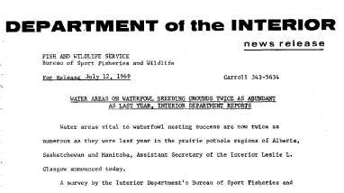Water Areas on Waterfowl Breeding Grounds Twice as Abundant as Last Year, Interior Department Reports July 12, 1969