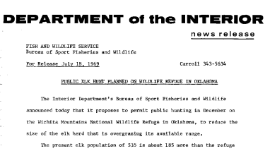 Public Elk Hunt Planned on Wildlife Refuge in Oklahoma July 18, 1969