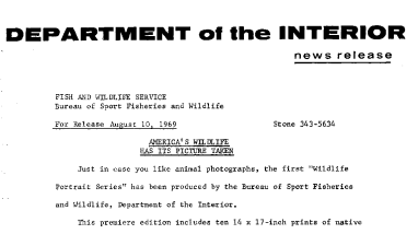 America's Wildlife Has Its Picture Taken August 10, 1969