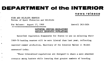 Waterfowl Hunting Regulations Reflect Increased Populations August 17, 1969