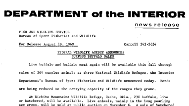 Federal Wildlife Agency Announces Surplus Buffalo Sales August 19, 1969