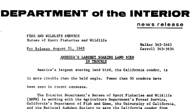America's Largest Soaring Land Bird in Trouble August 31, 1969