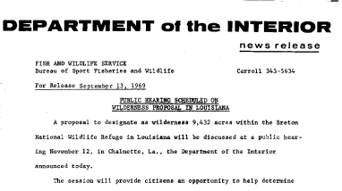 Public Hearing Scheduled on Wilderness Proposal in Louisiana September 13, 1969