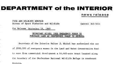 Secretary Hickel Uses Emergency Funds to Purchase Land at Okefenokee Swamp in Georgia September 19, 1969
