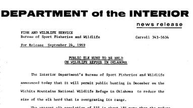 Public Elk Hunt to Be Held on Wildlife Refuge in Oklahoma September 24, 1969