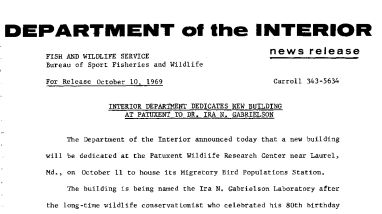 Interior Department Dedicates New Building at Patuxent to Dr. Ira N. Gabrielson October 10, 1969