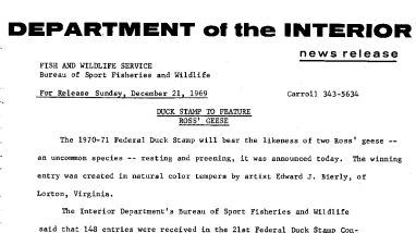 Duck Stamp to Feature Ross' Geese December 21, 1969