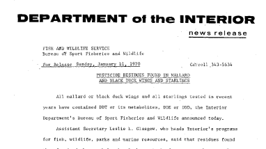 Pesticide Residues Found in Mallard and Black Duck Wings and Starlings January 11, 1970