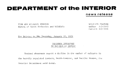 Vultures Important to Balance of Nature January 22, 1970