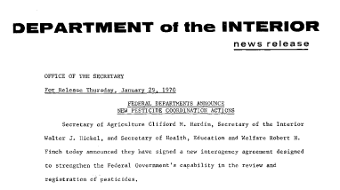 Federal Departments Announce New Pesticide Coordination Actions January 29, 1970