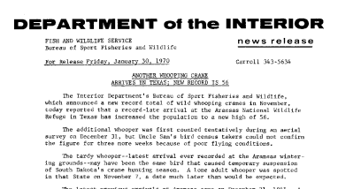 Another Whooping Crane Arrives in Texas; New Record Is 56 January 30, 1970