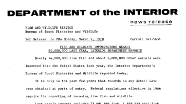 Fish and Wildlife Importations Nearly 80,000,000 Last Year, Interior Department Reports March 9, 1970
