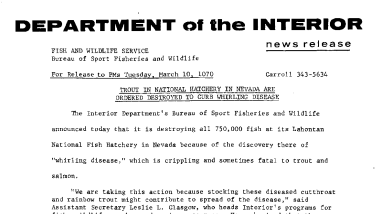 Trout in National Hatchery in Nevada Are Ordered Destroyed to Curb Whirling Disease March 10, 1970
