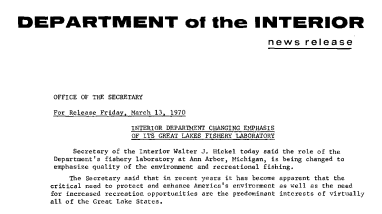 Interior Department Changing Emphasis of Its Great Lakes Fishery Laboratory March 13, 1970