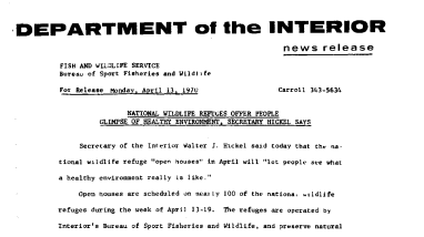 National Wildlife Refuges Offer People Glimpse of Healthy Environment, Secretary Hickel Says April 13, 1970