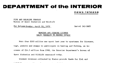 Hunting and Fishing License Sales Increase to Record Totals April 19, 1970