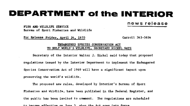 Endangered Species Conservation Act to Help World's Wildlife, Secretary Hickel Says April 24, 1970