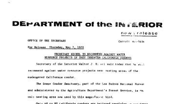 Secretary Hickel to Recommend Against Water Resource Projects if They Threaten California Condors May 7, 1970