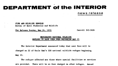 Designated National Wildlife Refuges to Have User Fees Beginning May 25 May 24, 1970