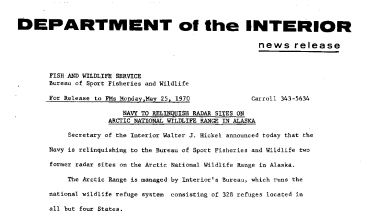 Navy to Relinquish Radar Sites on Arctic National Wildlife Range in Alaska May 25, 1970