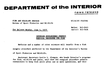 Interior Researchers Perfect Surgical Procedure for Fish June 1, 1970