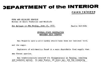 Federal-State Cooperation Restores Wild Turkeys June 15, 1970