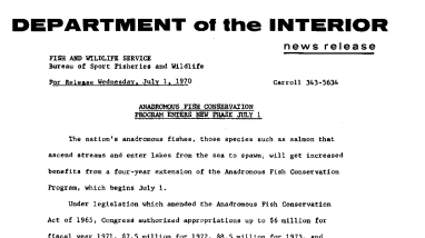 Anadromous Fish Conservation Program Enters New Phase July 1 July 1, 1970