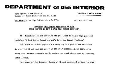 Interior Department Announces "A Task Force Report on Let's Save the Desert Pupfish" July 3, 1970